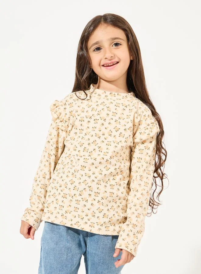 Styli Floral Printed Ruffle Trim Rib Knit Top