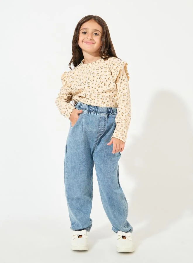 Styli Floral Printed Ruffle Trim Rib Knit Top