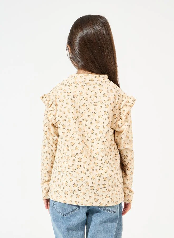 Styli Floral Printed Ruffle Trim Rib Knit Top