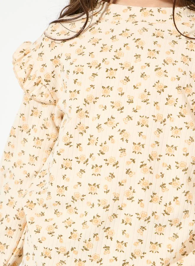 Styli Floral Printed Ruffle Trim Rib Knit Top