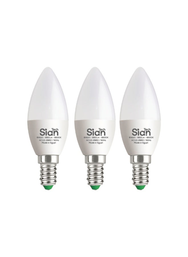 Sian Tech LED bulb for chandeliers, 6 watts, white, 3 pieces – 6500 Kelvin – 650 lumens – 25,000 hours of operation, 3-year warranty from Sian Tech - Image 1