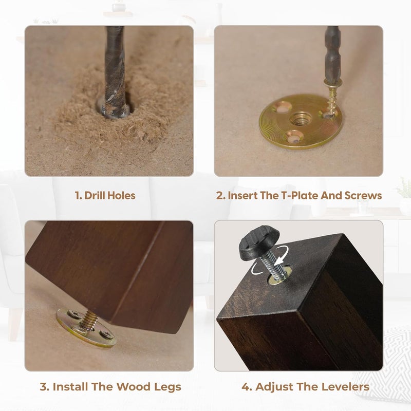 Yes4All 6 Inches Square Wood Furniture Legs Set of 4  Wooden Replacement Feet for Couch Bed Bench  Adjustable Sofa Ottomans Tapered Leg with Leveler  Brown Rubber Wood Parts for Table Chair - Image 4