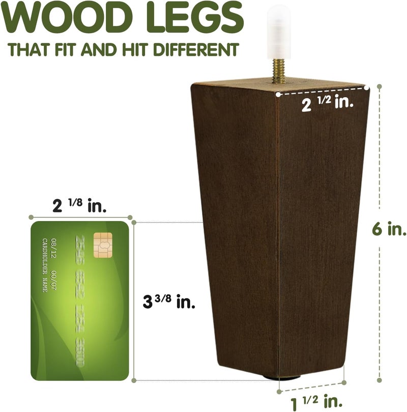 Yes4All 6 Inches Square Wood Furniture Legs Set of 4  Wooden Replacement Feet for Couch Bed Bench  Adjustable Sofa Ottomans Tapered Leg with Leveler  Brown Rubber Wood Parts for Table Chair - Image 2