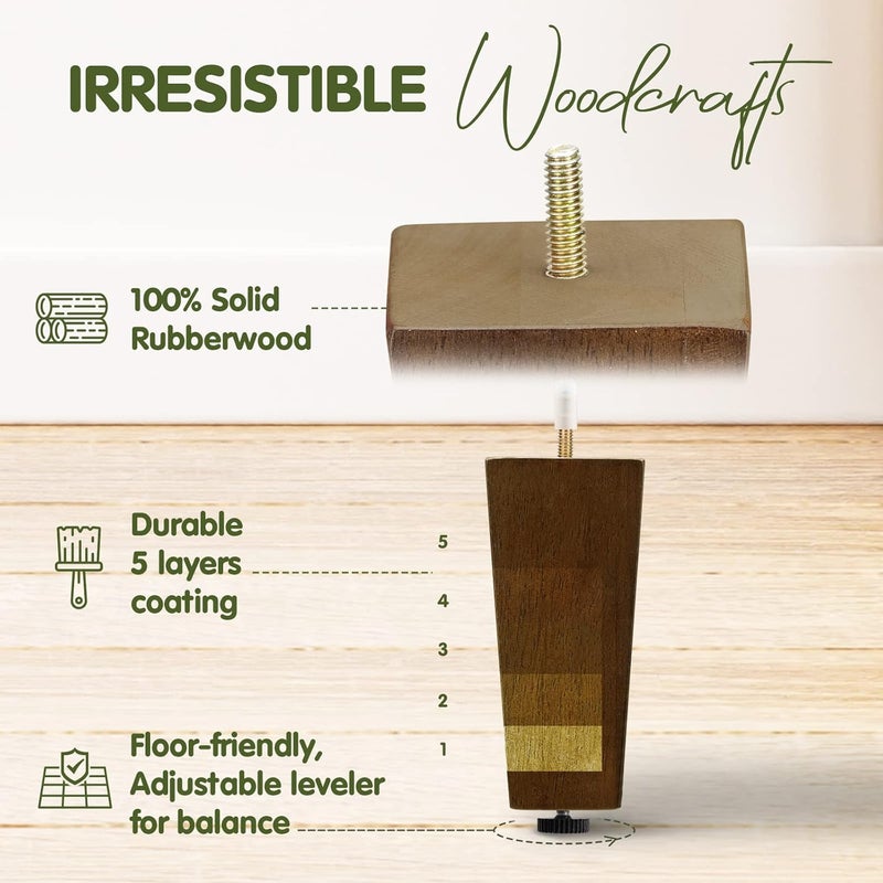 Yes4All 6 Inches Square Wood Furniture Legs Set of 4  Wooden Replacement Feet for Couch Bed Bench  Adjustable Sofa Ottomans Tapered Leg with Leveler  Brown Rubber Wood Parts for Table Chair - Image 3