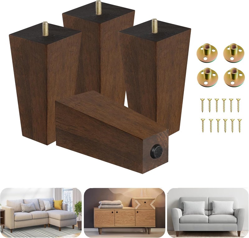 Yes4All 6 Inches Square Wood Furniture Legs Set of 4  Wooden Replacement Feet for Couch Bed Bench  Adjustable Sofa Ottomans Tapered Leg with Leveler  Brown Rubber Wood Parts for Table Chair - Image 1