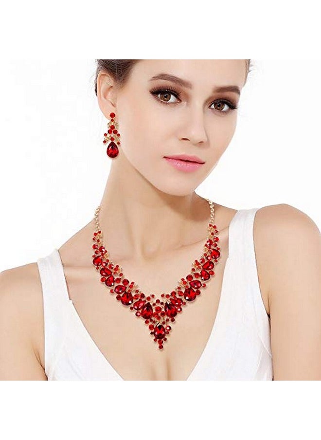 EVER FAITH Women'S Crystal Bridal Banquet Floral Cluster Teardrop Necklace Earrings Set Red Gold-Tone  - Image 3