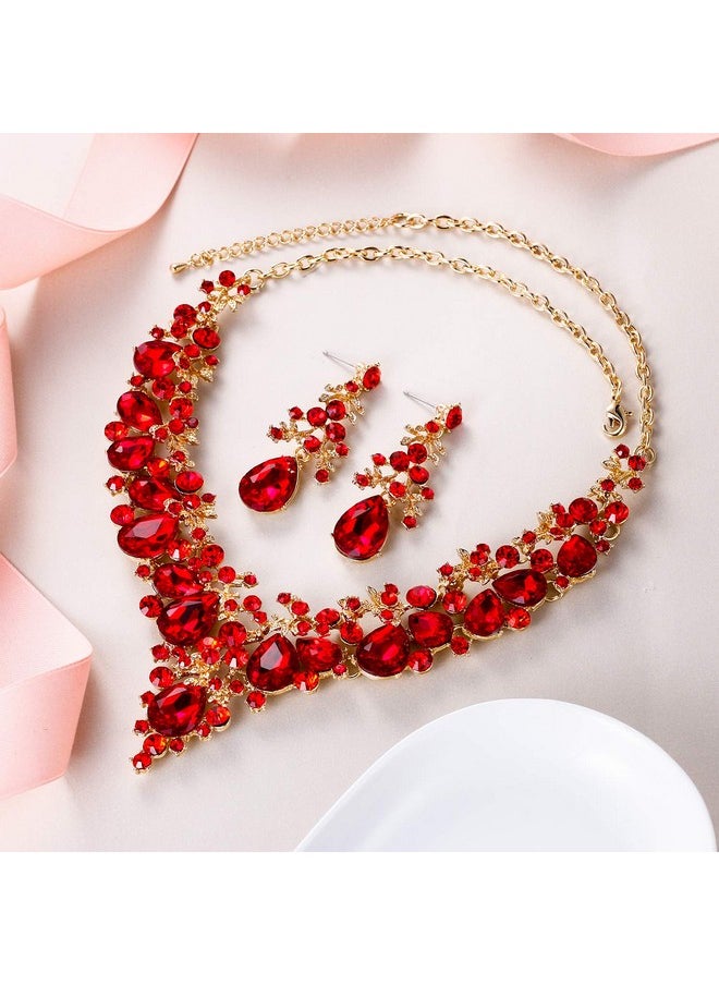 EVER FAITH Women'S Crystal Bridal Banquet Floral Cluster Teardrop Necklace Earrings Set Red Gold-Tone  - Image 4