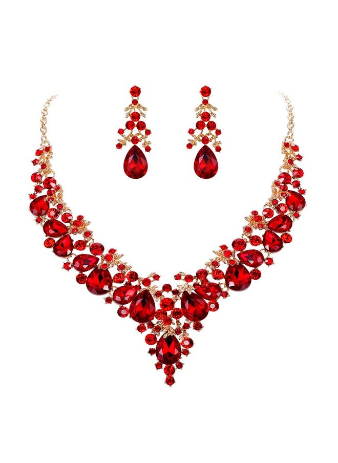 EVER FAITH Women'S Crystal Bridal Banquet Floral Cluster Teardrop Necklace Earrings Set Red Gold-Tone  - Image 1