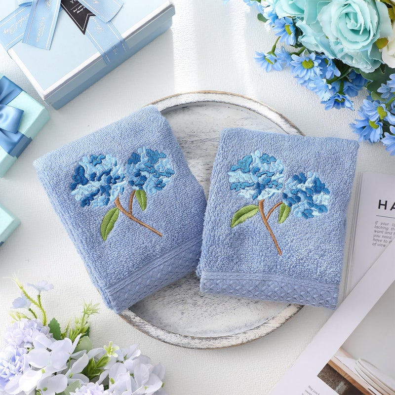 SmoothNovelty 2 Pcs Hydrangea Hand Towels Blue Hydrangea Floral Bathroom Decor 14x29 Inch Embroidered 100% Cotton Soft Absorbent Spring Summer Decorative Flowers Hand Towels for Bathroom Kitchen - Image 4