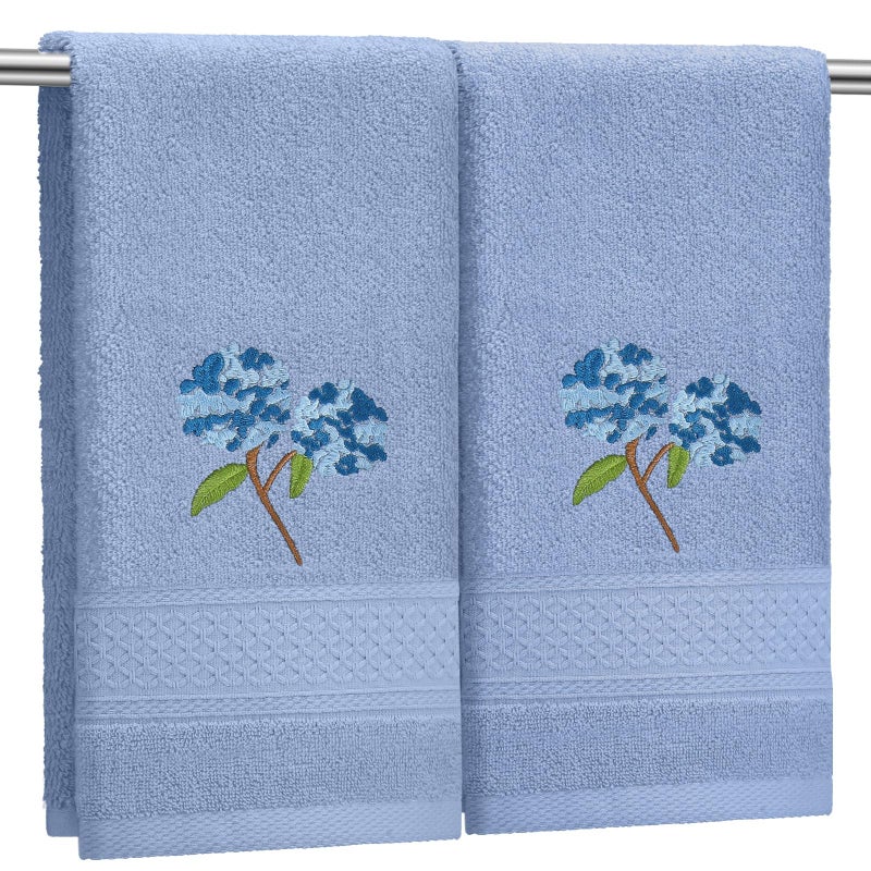 SmoothNovelty 2 Pcs Hydrangea Hand Towels Blue Hydrangea Floral Bathroom Decor 14x29 Inch Embroidered 100% Cotton Soft Absorbent Spring Summer Decorative Flowers Hand Towels for Bathroom Kitchen - Image 1
