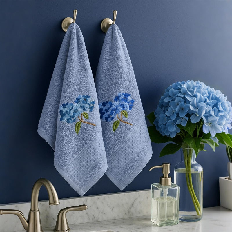 SmoothNovelty 2 Pcs Hydrangea Hand Towels Blue Hydrangea Floral Bathroom Decor 14x29 Inch Embroidered 100% Cotton Soft Absorbent Spring Summer Decorative Flowers Hand Towels for Bathroom Kitchen - Image 5