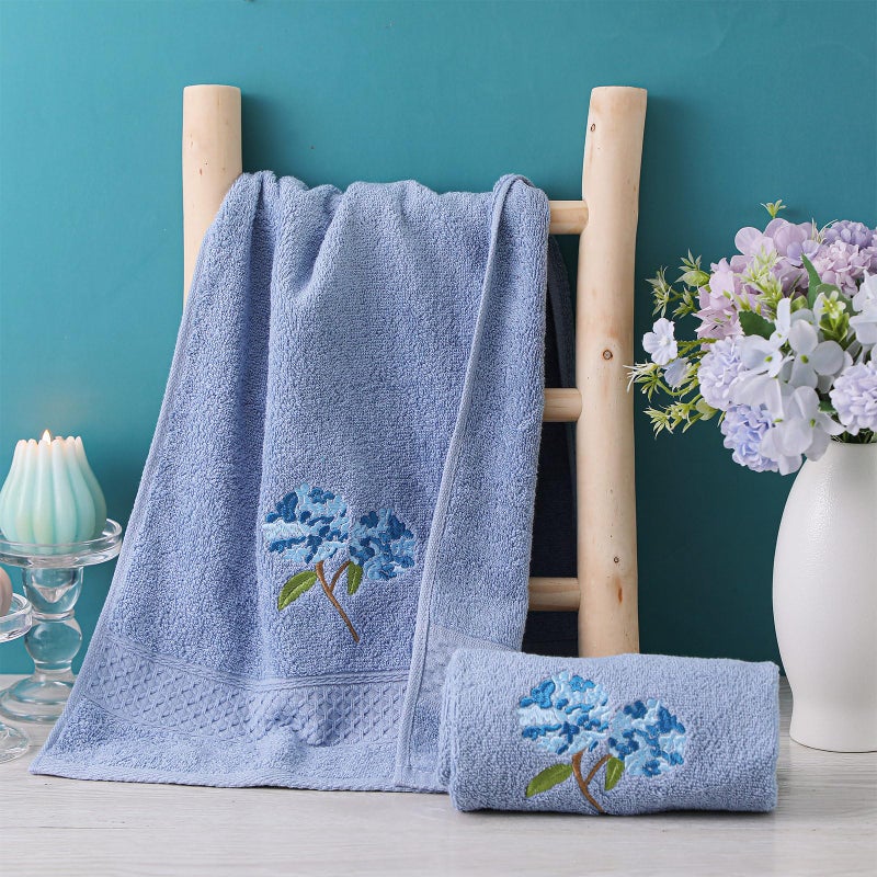 SmoothNovelty 2 Pcs Hydrangea Hand Towels Blue Hydrangea Floral Bathroom Decor 14x29 Inch Embroidered 100% Cotton Soft Absorbent Spring Summer Decorative Flowers Hand Towels for Bathroom Kitchen - Image 2