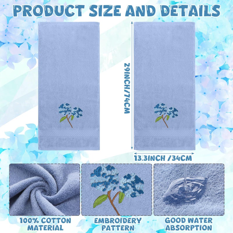 SmoothNovelty 2 Pcs Hydrangea Hand Towels Blue Hydrangea Floral Bathroom Decor 14x29 Inch Embroidered 100% Cotton Soft Absorbent Spring Summer Decorative Flowers Hand Towels for Bathroom Kitchen - Image 3