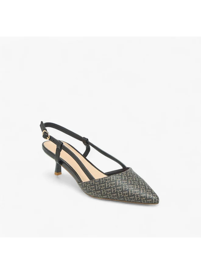 Flora Bella By Shoexpress Women Monogram Print Pointed Toe Shoes with Kitten Heels and Buckle Closure
