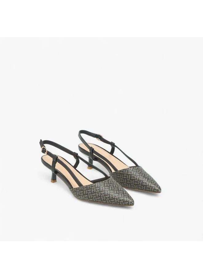 Flora Bella By Shoexpress Women Monogram Print Pointed Toe Shoes with Kitten Heels and Buckle Closure