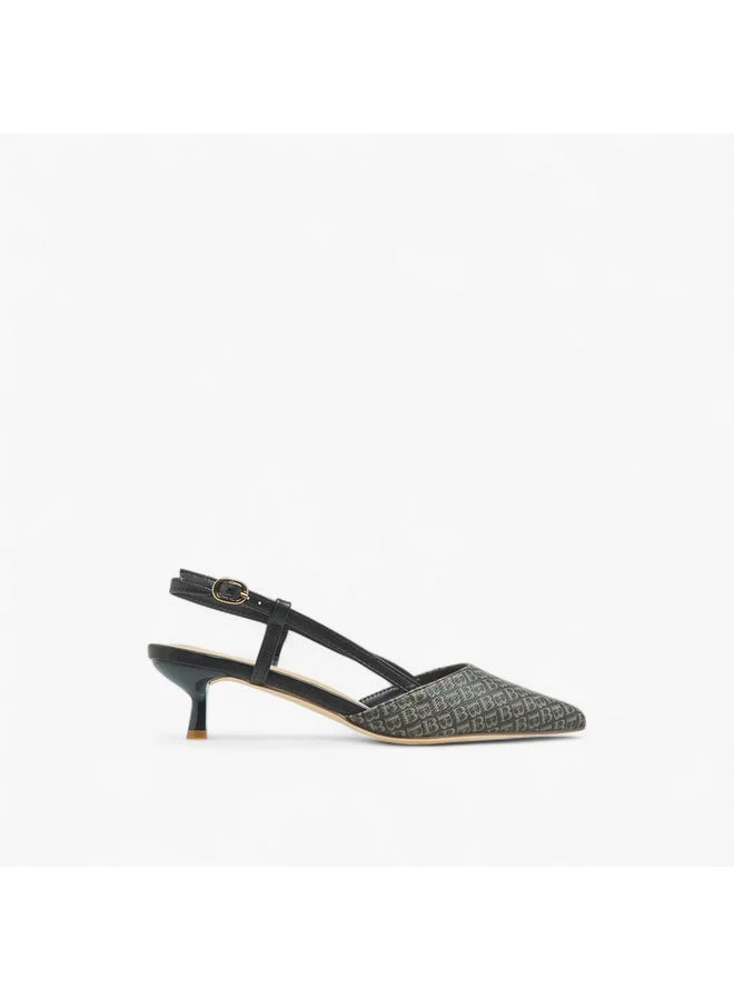 Women Monogram Print Pointed Toe Shoes with Kitten Heels and Buckle Closure