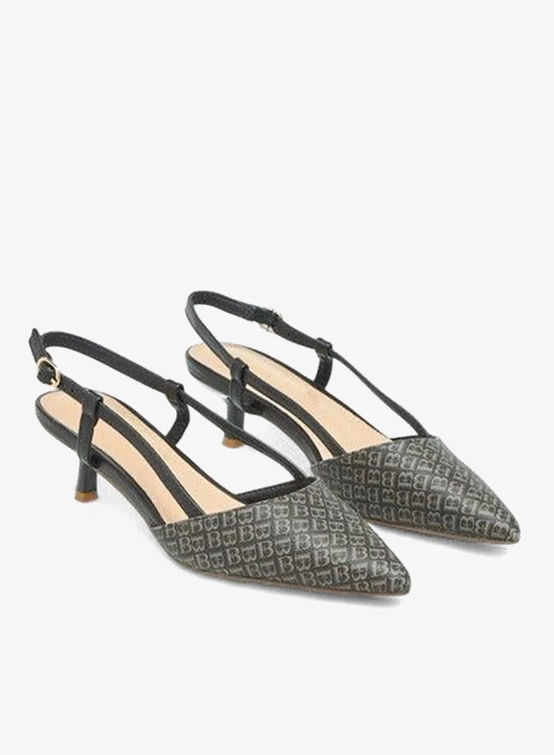 Women Monogram Print Pointed Toe Shoes with Kitten Heels and Buckle Closure