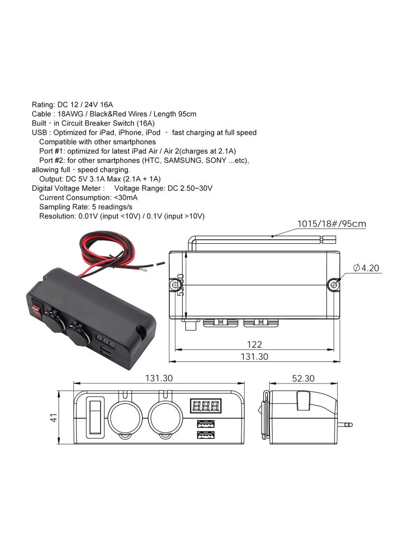 SYOSI - Dual USB Socket Charger and Dual 12V Power Outlet Cigarette Lighter Splitter Adapter with LED Voltmeter On/Off Switches for Car Rv Truck Marine Boat Camper Vehicles - Image 1