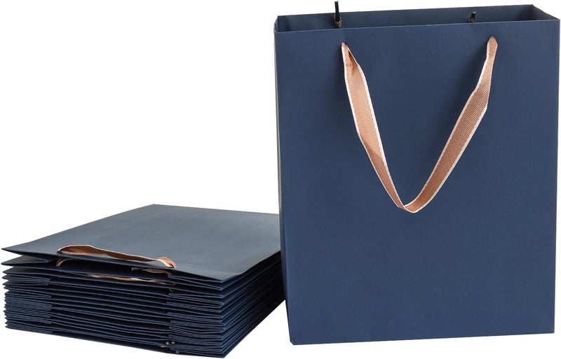 Red Dot Gift® 10-Pack (H31x26x12) cm Blue Color Plain Specialty Paper Bags, Shopping Paper Bags 230gsm Thickness Paper Bags with Gold Ribbon Handle. - Image 1