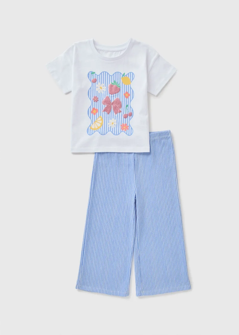 Matalan Girls Blue Stripe Bow Fruit Top & Trouser Set