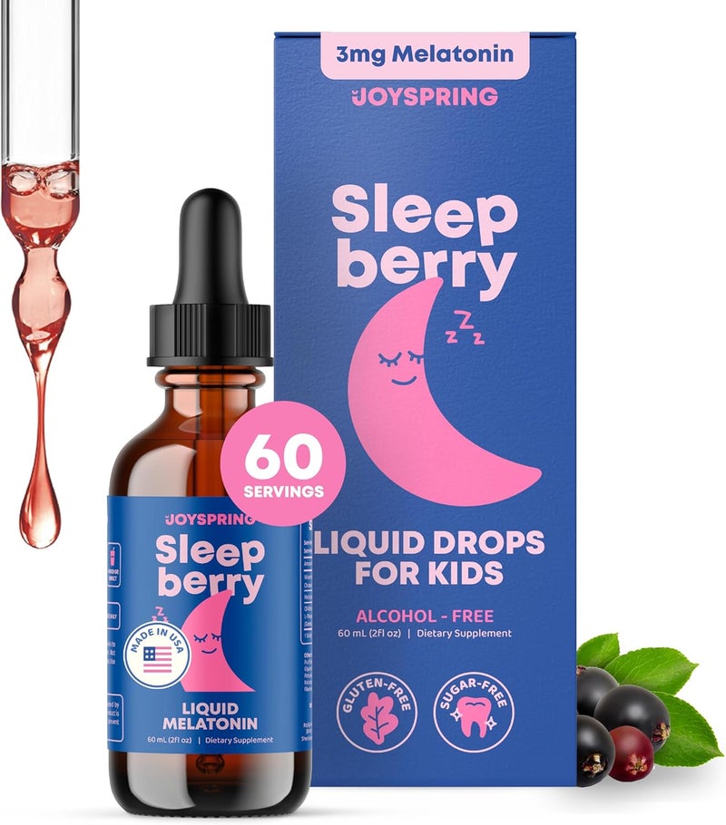 JoySpring Sleepberry Kids Melatonin 3 mg  Liquid Sleep Aid with L Theanine High Absorption Berry Drops 2 fl oz 60 Servings Childrens Melatonin with Vitamin D Kids Travel Essentials - Image 1