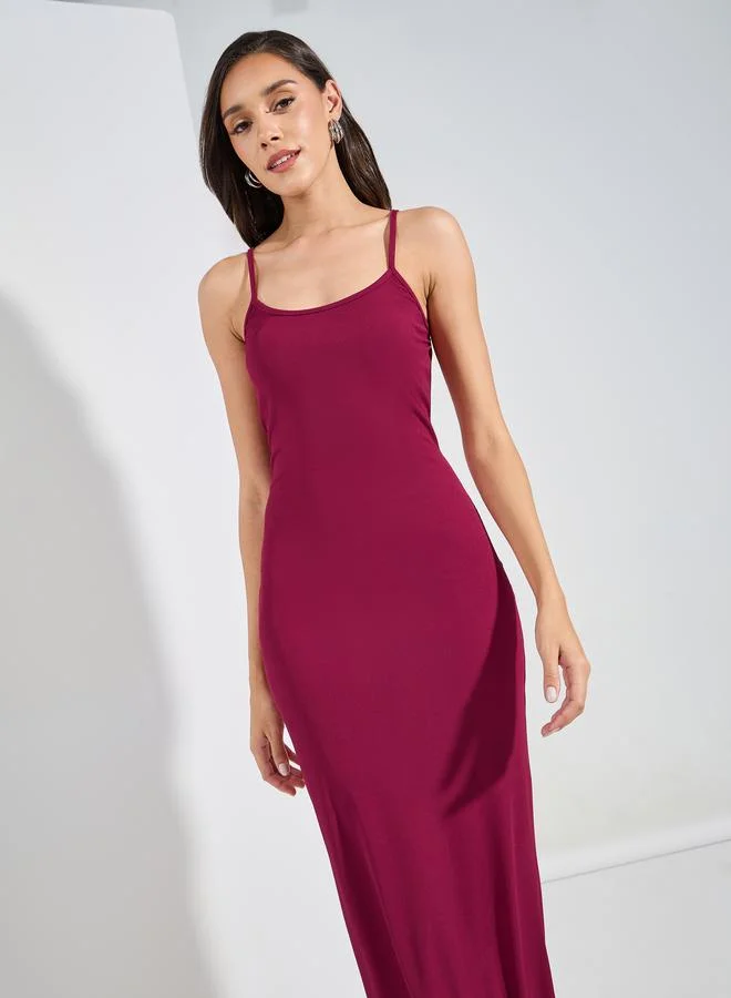 Styli Tie-Up Back Ribbed Bodycon Maxi Dress