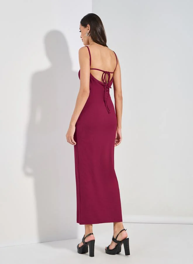 Styli Tie-Up Back Ribbed Bodycon Maxi Dress