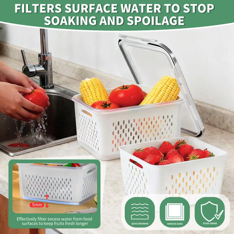 Piszvbej 3 Pcs Fruit Containers for Fridge, Strawberry Storage Containers for Fridge, Food Storage Container with Airtight Lid, Removable Colander Basket for Rinsing and Draining, Keep Produce Fresh Longer - Image 2