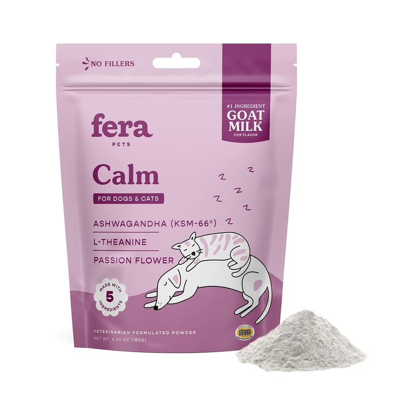 Fera Pets Goat Milk - Calming Supplement for Dogs & Cats - Ashwagandha, L-Theanine, & Passion Flower - Supports Anxiety Relief & Relaxation - for Picky Eaters - 60 TSP - Image 1