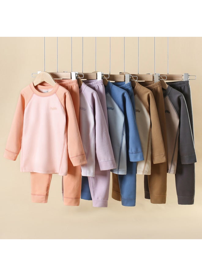 New Children's Raglan Sleeve Seamless Thermal Underwear Suit Boys And Girls Autumn And Winter Fleece-lined Round Neck Autumn Pants - Image 3