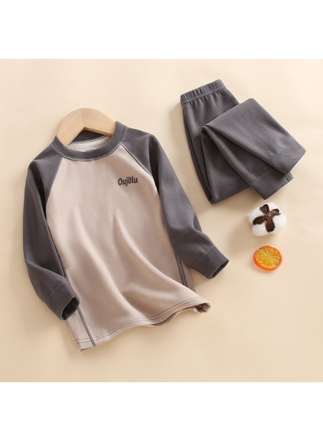 New Children's Raglan Sleeve Seamless Thermal Underwear Suit Boys And Girls Autumn And Winter Fleece-lined Round Neck Autumn Pants - Image 1