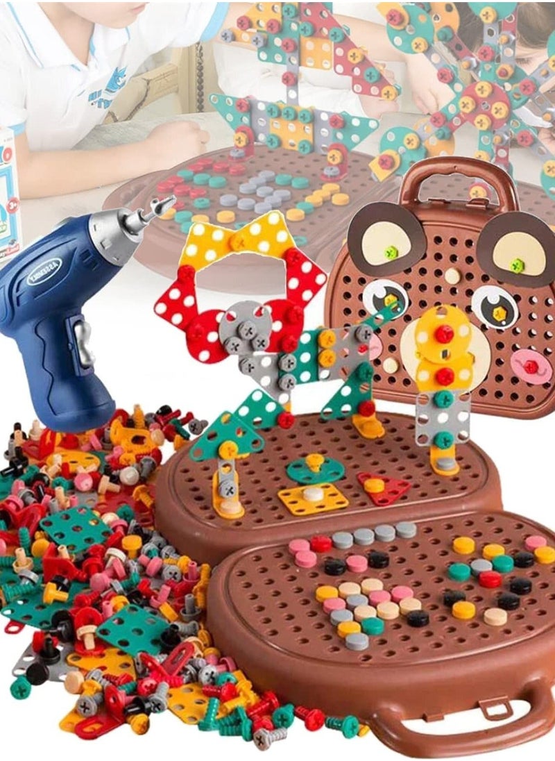 Generic 2023 New Creativity Tool Box, Electric Drill DIY Mosaic Set for Kids Ages 3-10 Years, Creative Kids Drill and Screw Toys in Brown  - Image 1