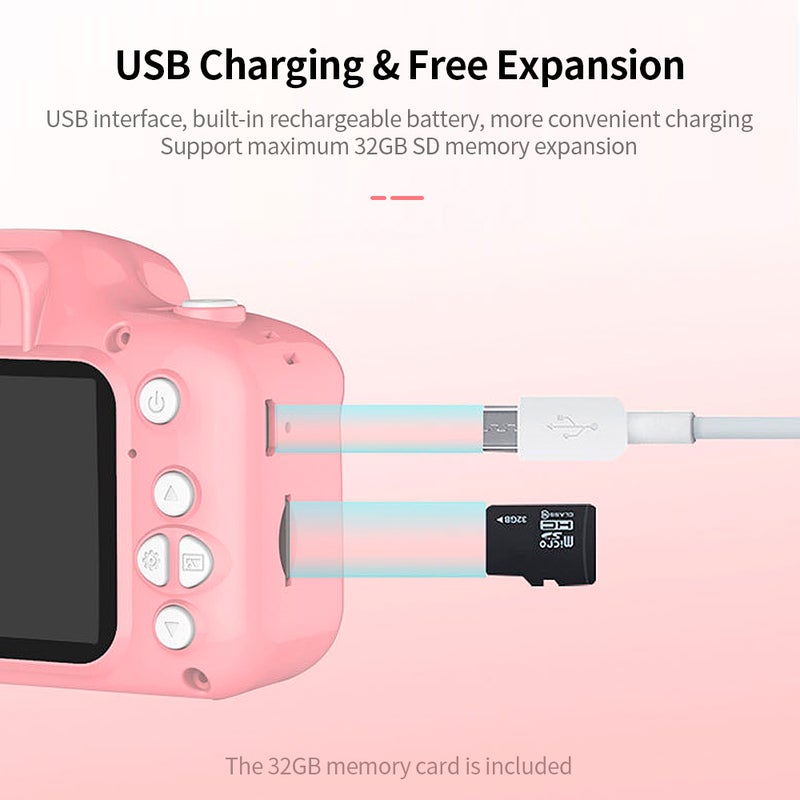 X2 Mini Kids Camera 2 inch HD Color Display Rechargable Mini Camera Video Camera Lovely Camera with 32GB Memory Card Pink - Image 4