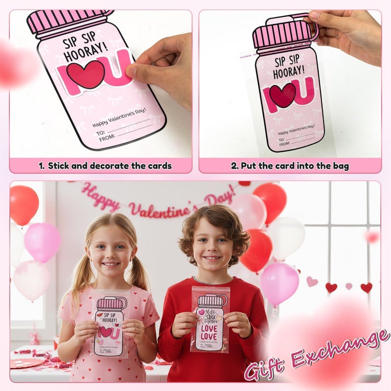 QIMGIC 48 Set Valentines Day Cards Gift for Kids Class School Classroom, Valentine's Craft Sweet Pink Bow Sticker Bottle Greeting Card with Envelopes Exchange Present Bulk for Party Goodie Bag Stuff - Image 4