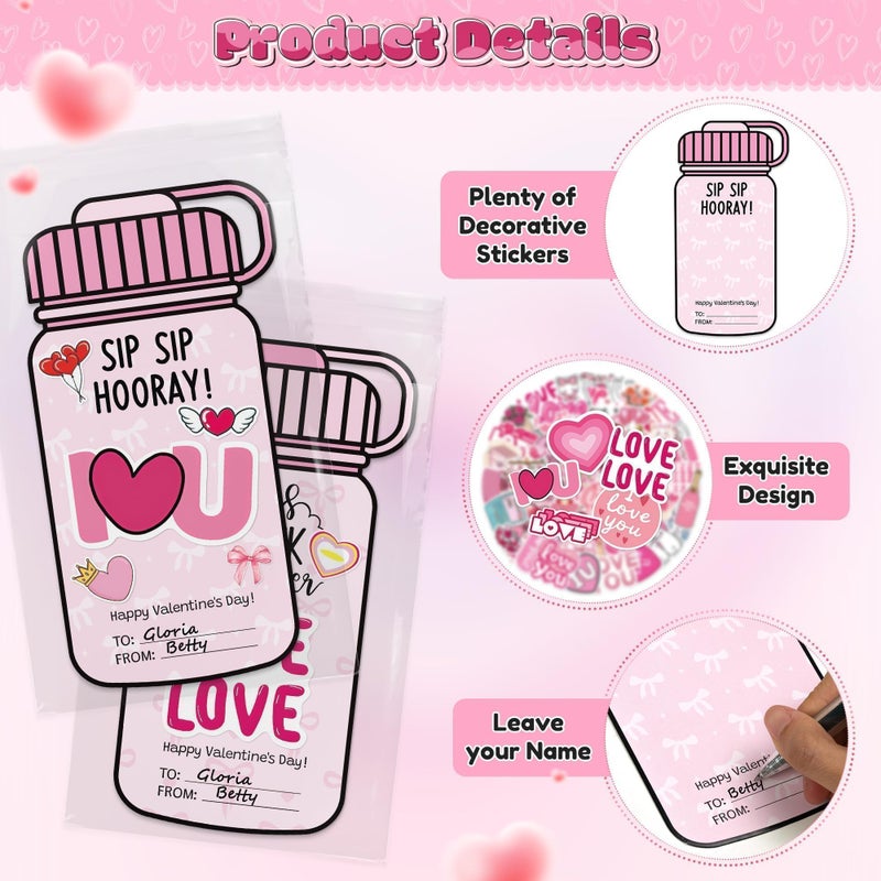 QIMGIC 48 Set Valentines Day Cards Gift for Kids Class School Classroom, Valentine's Craft Sweet Pink Bow Sticker Bottle Greeting Card with Envelopes Exchange Present Bulk for Party Goodie Bag Stuff - Image 3