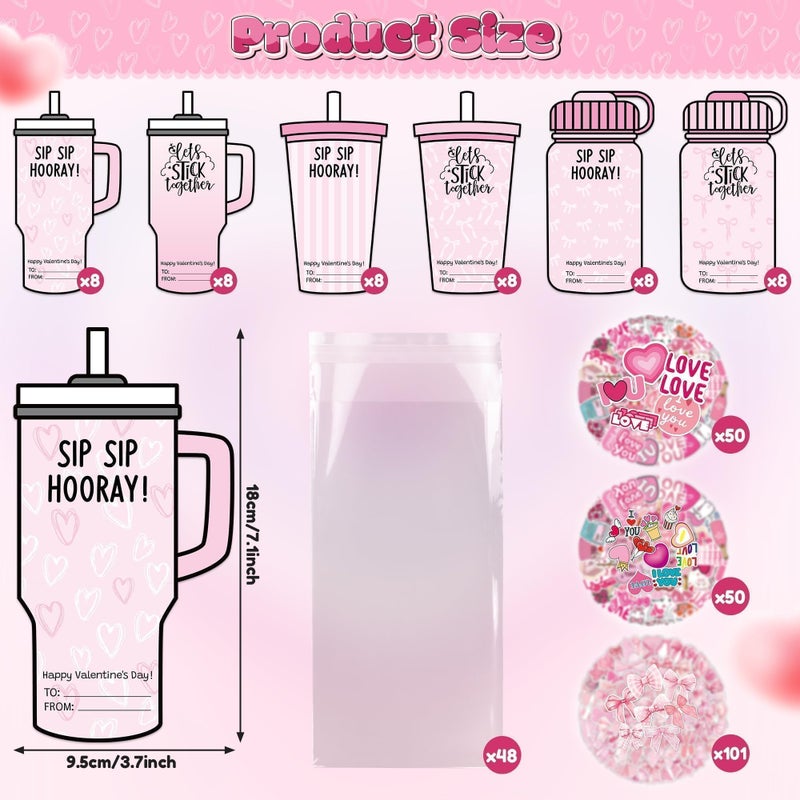 QIMGIC 48 Set Valentines Day Cards Gift for Kids Class School Classroom, Valentine's Craft Sweet Pink Bow Sticker Bottle Greeting Card with Envelopes Exchange Present Bulk for Party Goodie Bag Stuff - Image 2