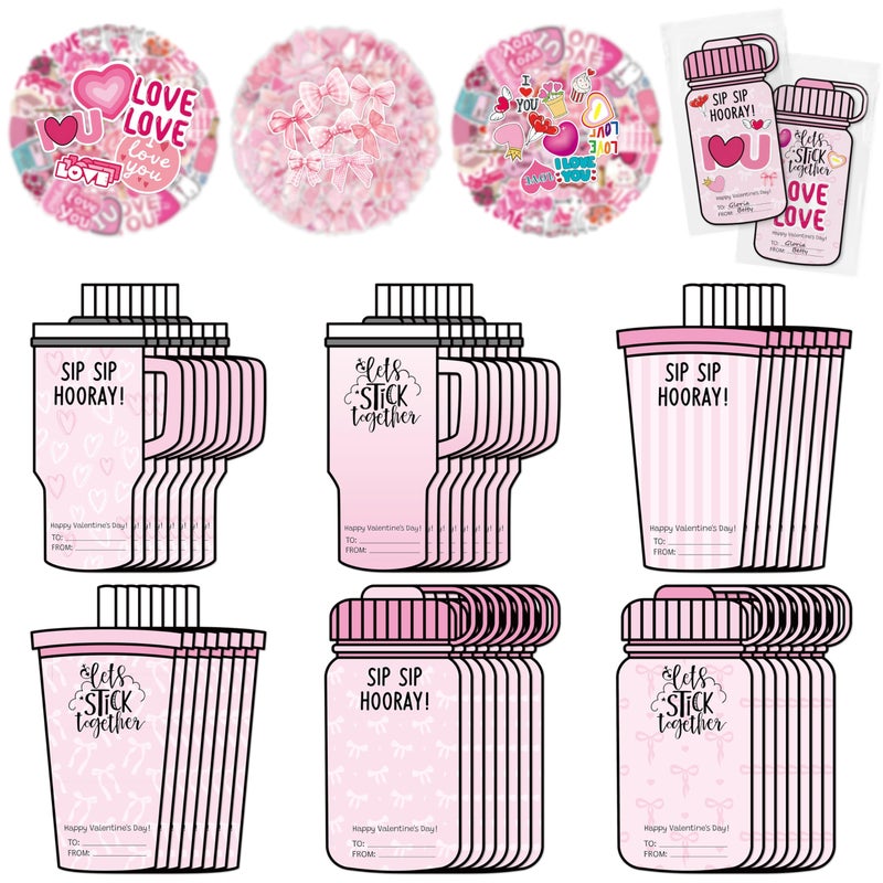 QIMGIC 48 Set Valentines Day Cards Gift for Kids Class School Classroom, Valentine's Craft Sweet Pink Bow Sticker Bottle Greeting Card with Envelopes Exchange Present Bulk for Party Goodie Bag Stuff - Image 1