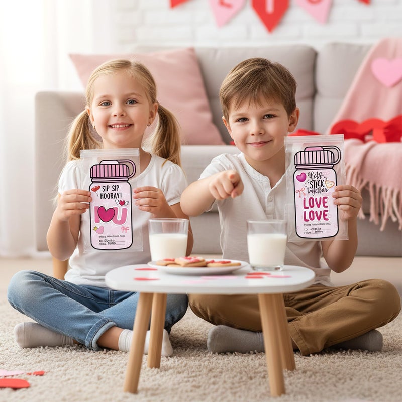 QIMGIC 48 Set Valentines Day Cards Gift for Kids Class School Classroom, Valentine's Craft Sweet Pink Bow Sticker Bottle Greeting Card with Envelopes Exchange Present Bulk for Party Goodie Bag Stuff - Image 5