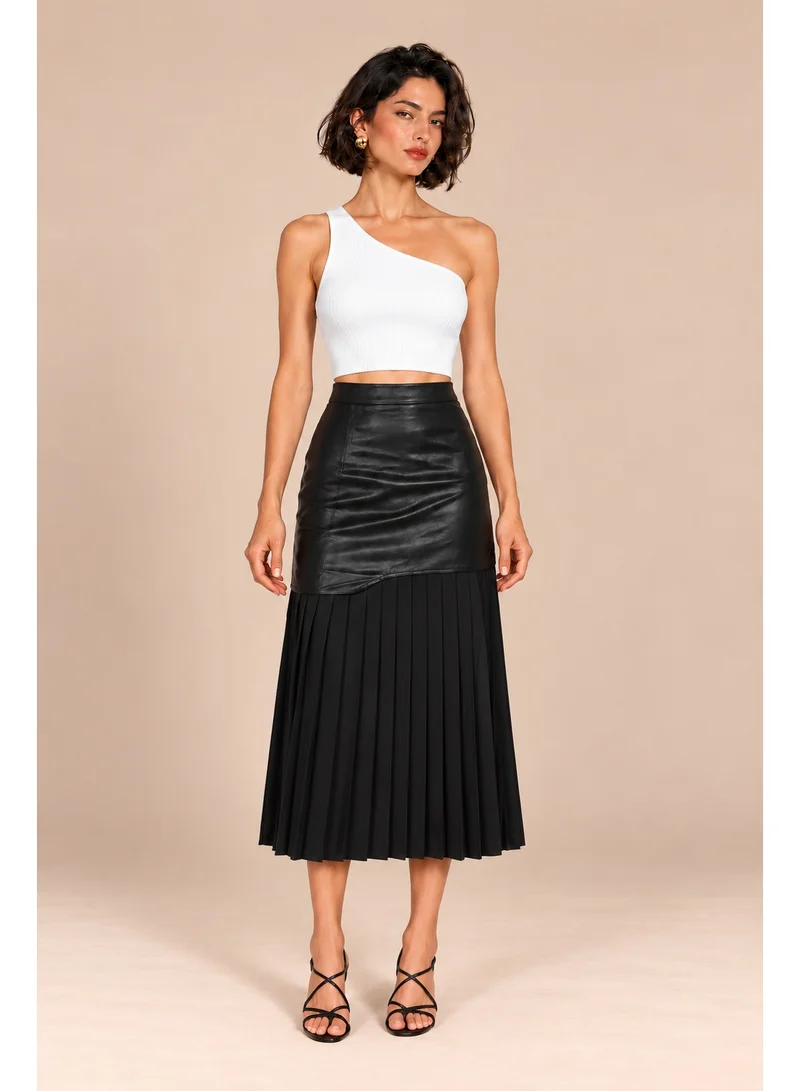 2Trendy Women's Black Midi Skirt with Faux Leather Top and Pleated Hem