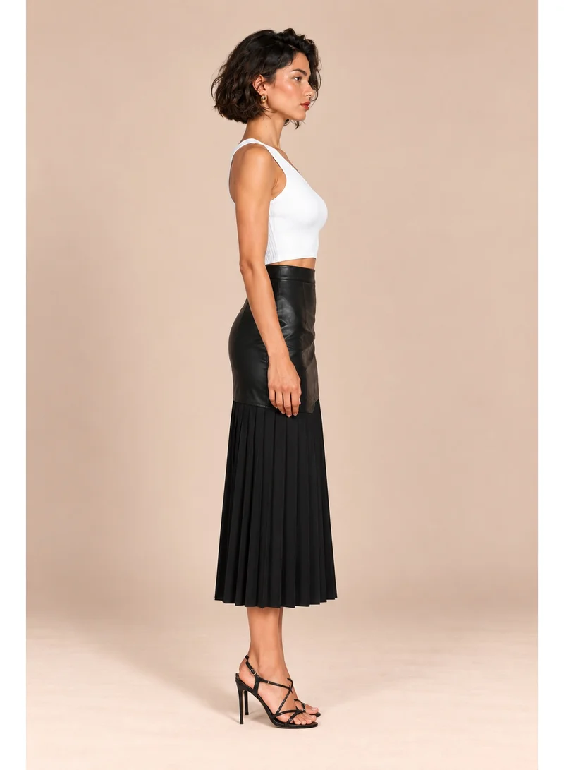 2Trendy Women's Black Midi Skirt with Faux Leather Top and Pleated Hem