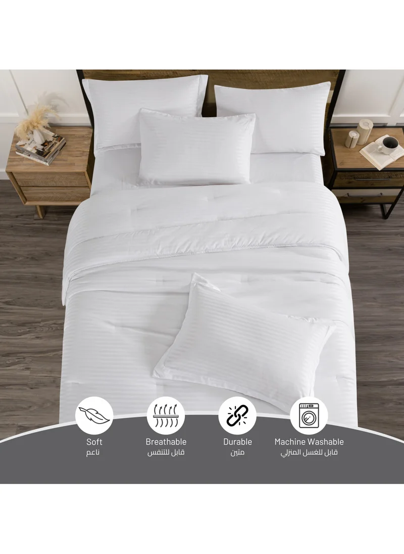 Donetella Comforter Set 6-Pcs King Size Hotel Style Thin Striped Bed Set Fits 200 x 200 Cms (350 GSM) With Down Alternative Filling,White