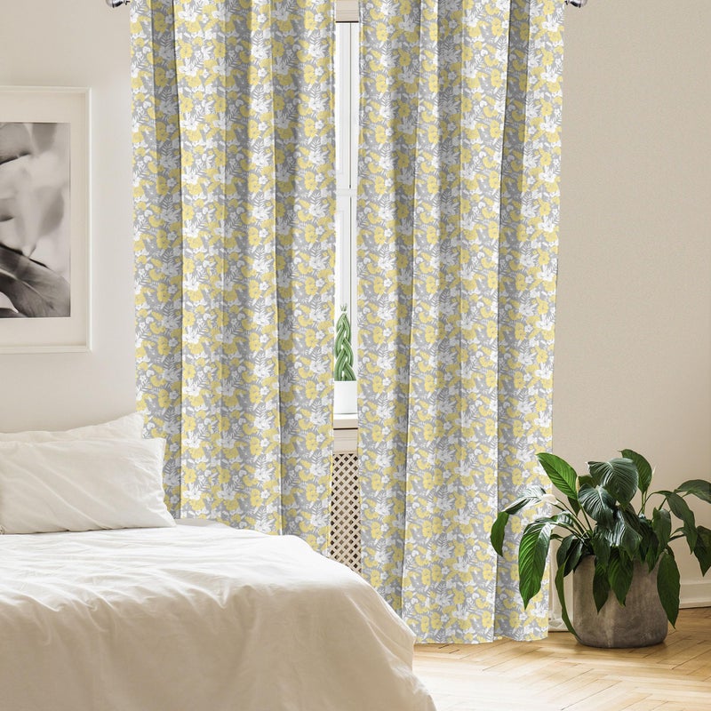 Ambesonne Luau Window Curtains  Hawaiian Vegetation Flowers Abstract Summertime Botanical Composition  Lightweight Decor 2-Panel Set with Rod Pocket  Pair of - 28"" x 95""  Yellow Grey - Image 4