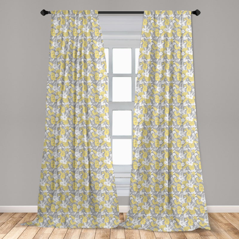 Ambesonne Luau Window Curtains  Hawaiian Vegetation Flowers Abstract Summertime Botanical Composition  Lightweight Decor 2-Panel Set with Rod Pocket  Pair of - 28"" x 95""  Yellow Grey - Image 3