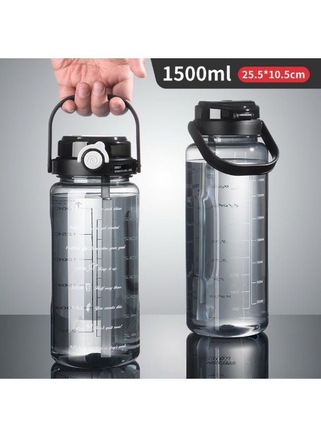 Motivational Water Bottle with Straw and Handle,  Perfect for Gym, Fitness & Daily Hydration, 1.5L Black