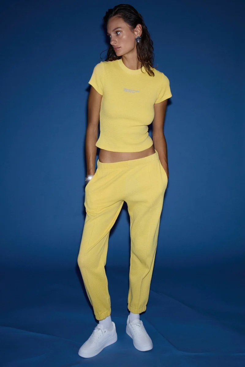 GRIMELANGE Lıora Women's 2-Piece Set Comfort Fit Patterned Textured Fabric Elastic Leg Mustard Tracksuit