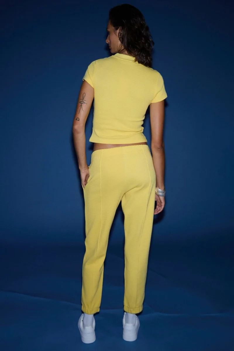 GRIMELANGE Lıora Women's 2-Piece Set Comfort Fit Patterned Textured Fabric Elastic Leg Mustard Tracksuit