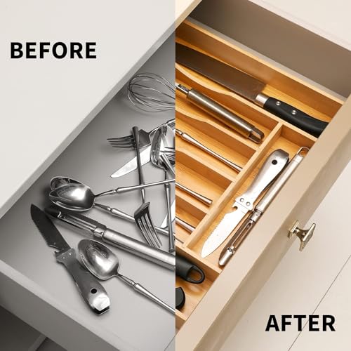 oridom 2-Piece Bamboo Silverware Organizer, Expandable Kitchen Drawer Organizer for Cutlery and Utensils, Multifunction Adjustable Bamboo Wood Cutlery Tray in Drawer for Flatware, (Natural) - Image 4
