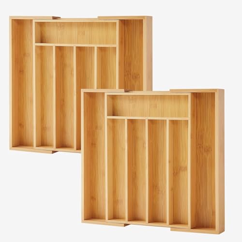 oridom 2-Piece Bamboo Silverware Organizer, Expandable Kitchen Drawer Organizer for Cutlery and Utensils, Multifunction Adjustable Bamboo Wood Cutlery Tray in Drawer for Flatware, (Natural) - Image 1