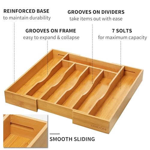oridom 2-Piece Bamboo Silverware Organizer, Expandable Kitchen Drawer Organizer for Cutlery and Utensils, Multifunction Adjustable Bamboo Wood Cutlery Tray in Drawer for Flatware, (Natural) - Image 3