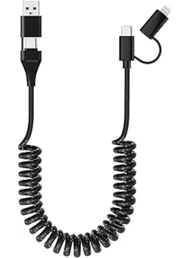 كابل بيانات سريع 4 في 1، 4 أقدام USB Type C، USB A، Lightning 65 واط، متوافق مع iPhone/iPad/MacBook Pro/AirPods/Samsung/Android (أسود) - Image 1